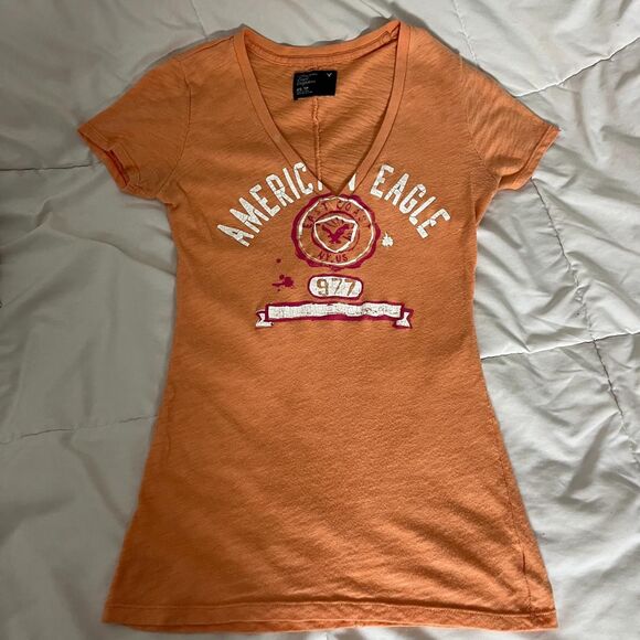 Vintage Y2K Orange Pink Graphic Tee Deep V-Neck American Eagle Outfitters XS - Picture 1 of 7